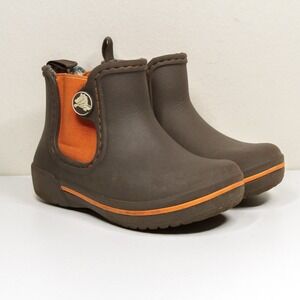CROCS Rain Boots Waterproof Rubber Chelsea Style Pull On Brown Orange Kids C10